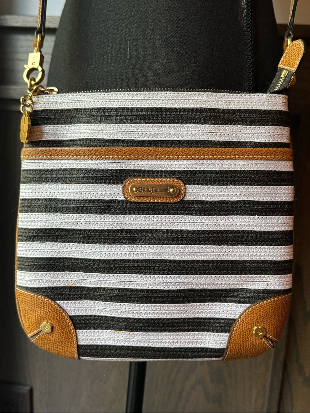 Eric Javits Black, White & Tan Striped Crossbody Bag